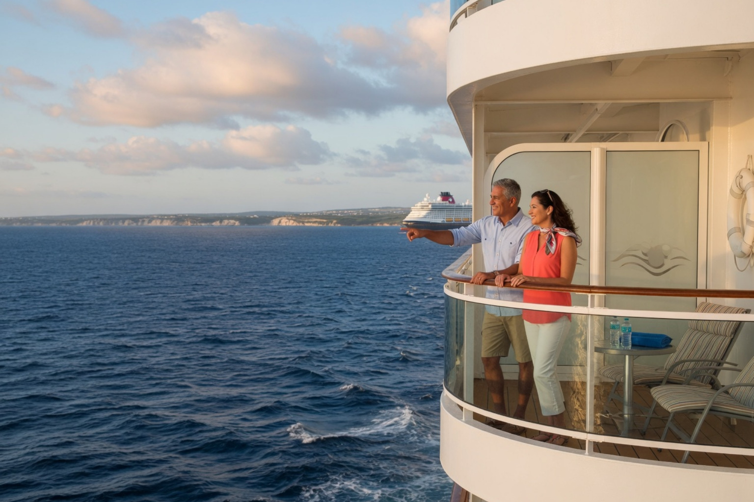 couple overlooking the sea from a cruise verandah